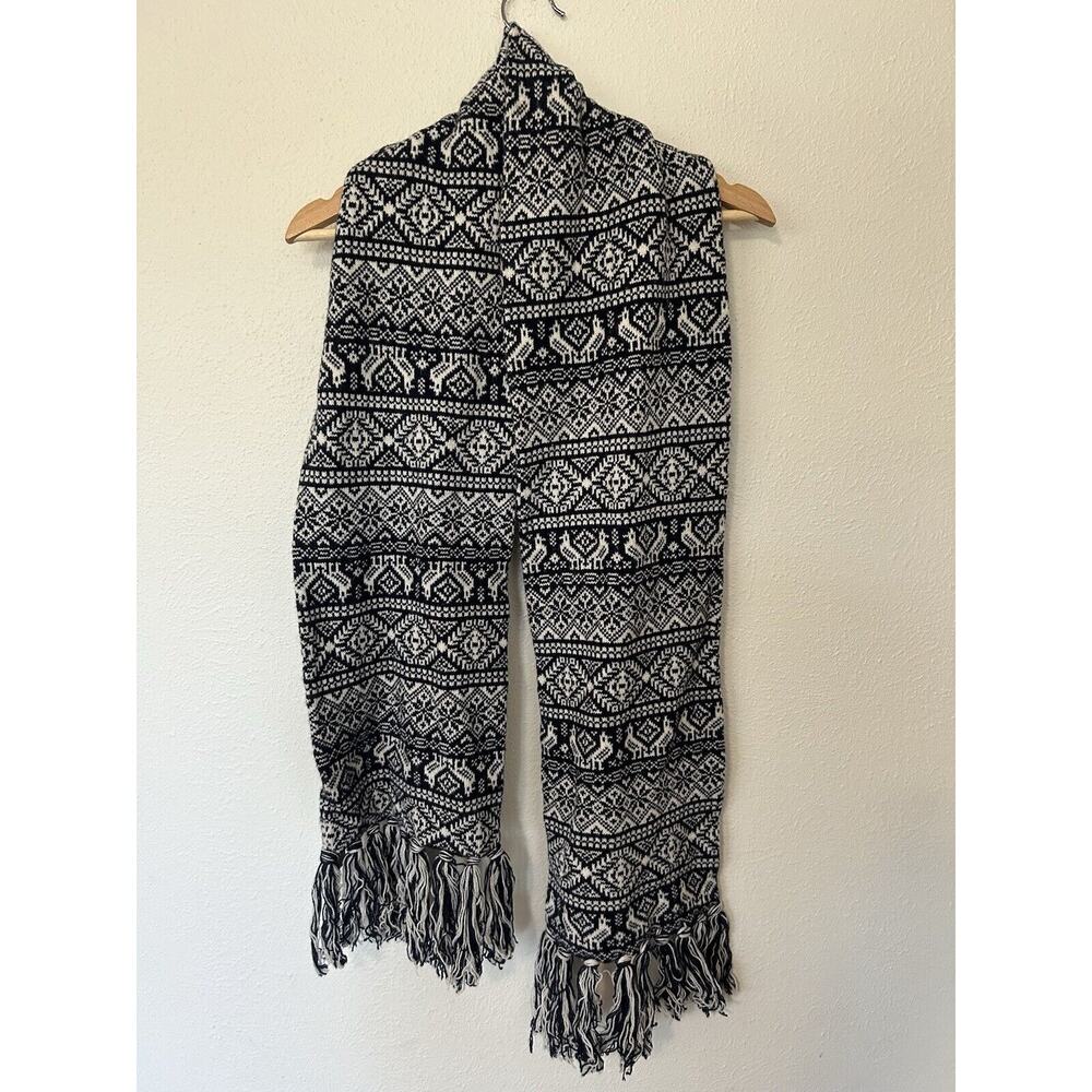 J Crew NWT Fair Isle Black and White Scarf Wool Blend Soft Tassles Fringe OS New